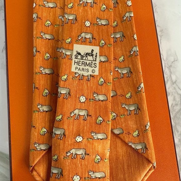 Hermes Orange Tie with Green and White Accents - Picture 7 of 10